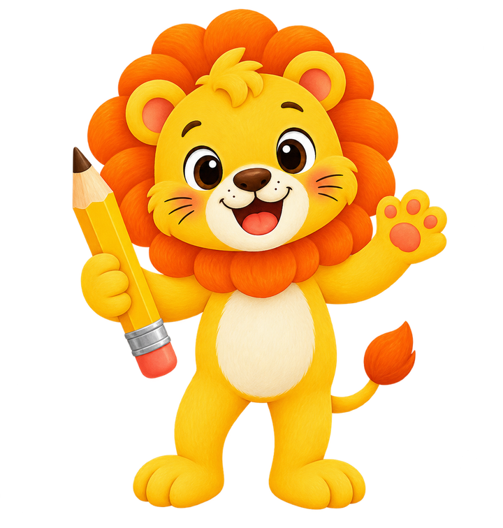 Stillumi's lion holding a pencil and waving